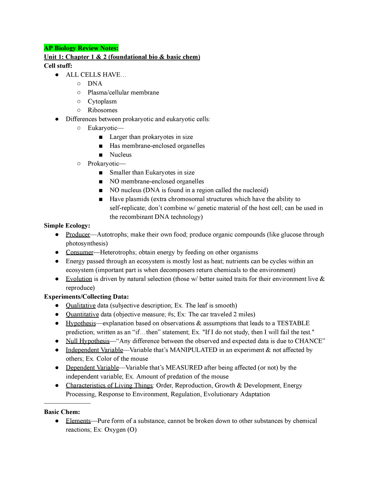 AP BIO Review Notes AP Biology Review Notes Unit 1 Chapter 1 & 2