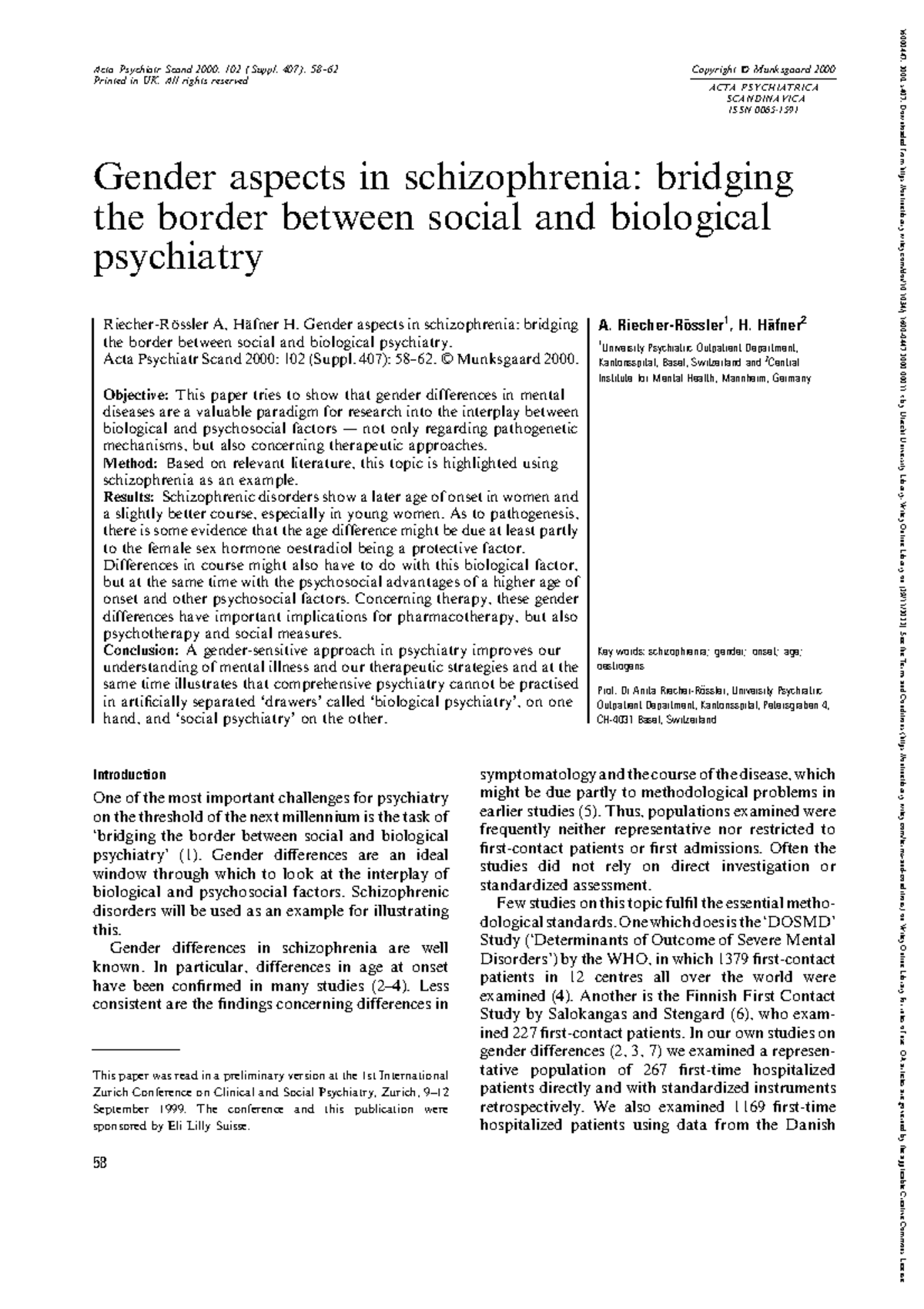 Gender In Schizophrenia Gender Aspects In Schizophrenia Bridging The Border Between Social 0084