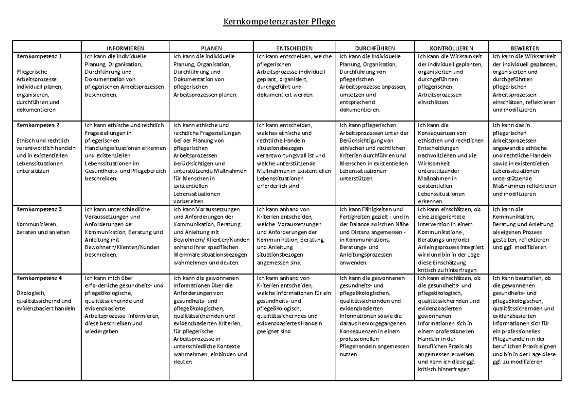 Kernkompetenzraster Pflege - Kernkompetenzraster Pflege INFORMIEREN ...