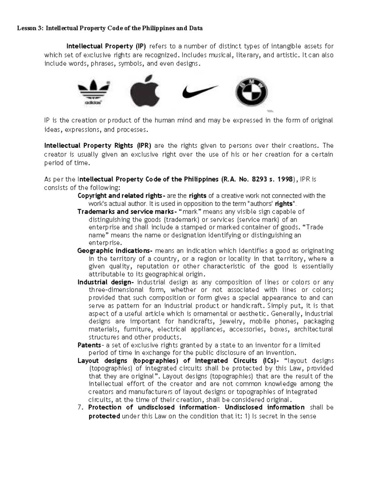 Lesson 3 Intellectual Property Code of the Philippines and Data