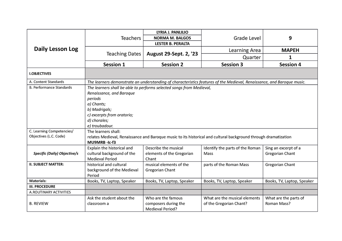 DLL-Q1-1week - Daily Lesson Log - Daily Lesson Log Teachers LYRIA J ...