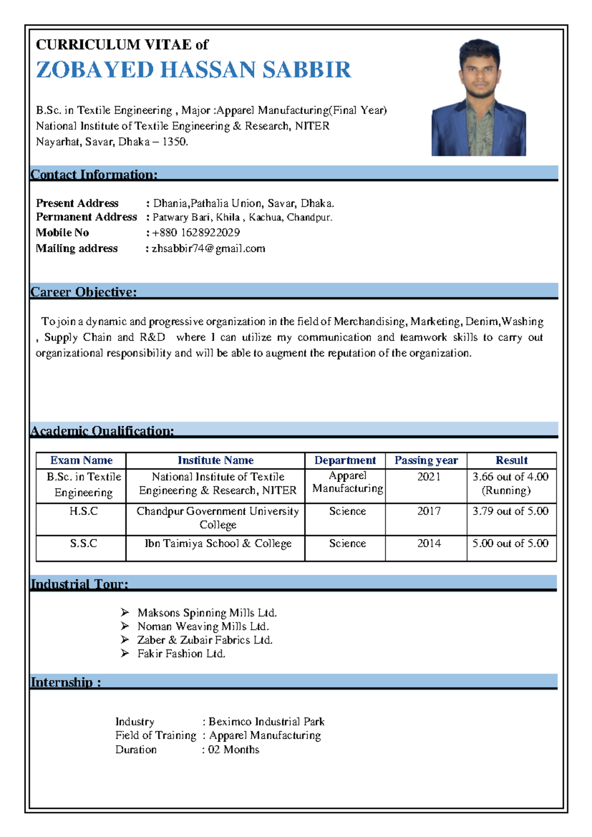 CV of Zobayed Hassan 1 - CURRICULUM VITAE of ZOBAYED HASSAN SABBIR B ...