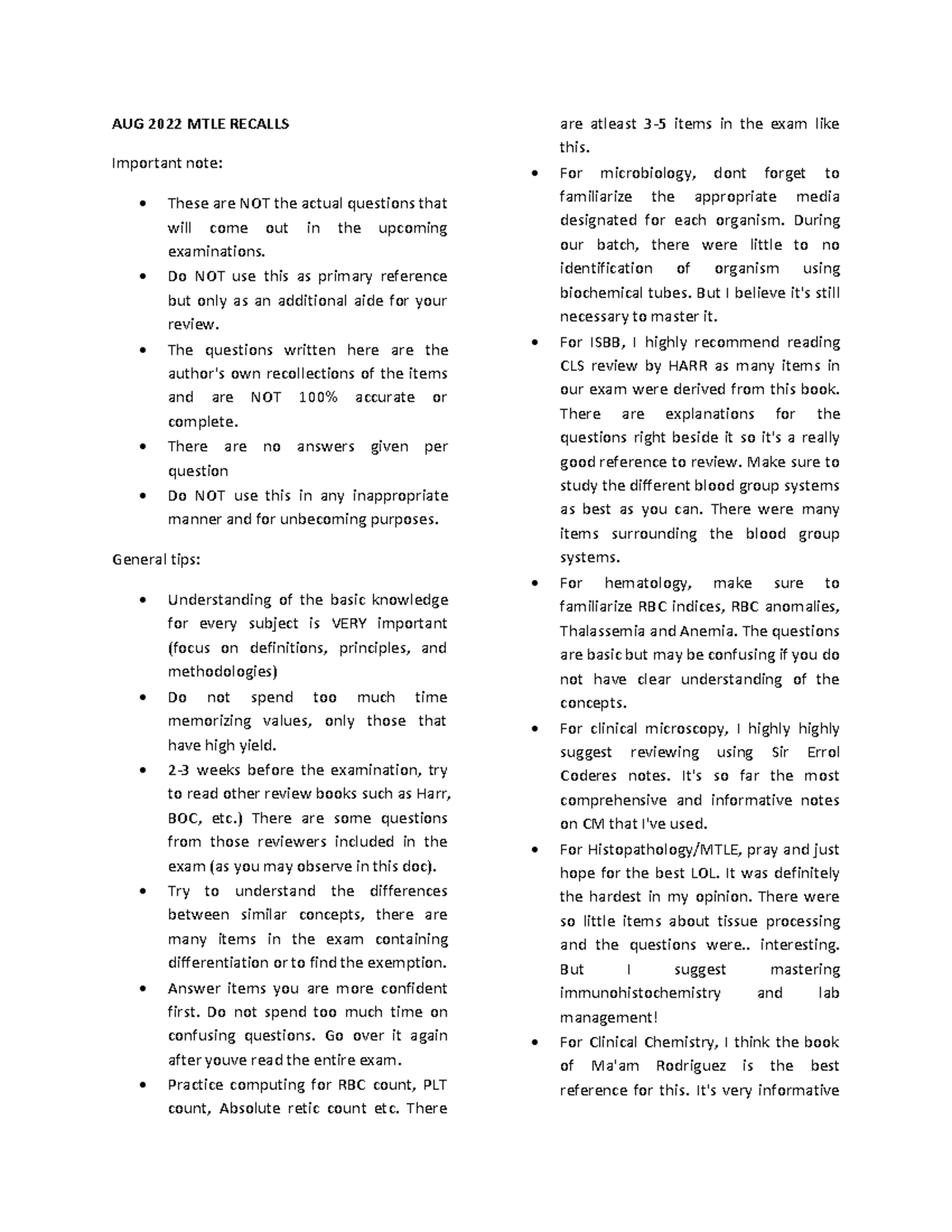 MTLETIPS Recalls MTLE TIPS AUG 2022 MTLE RECALLS Important note