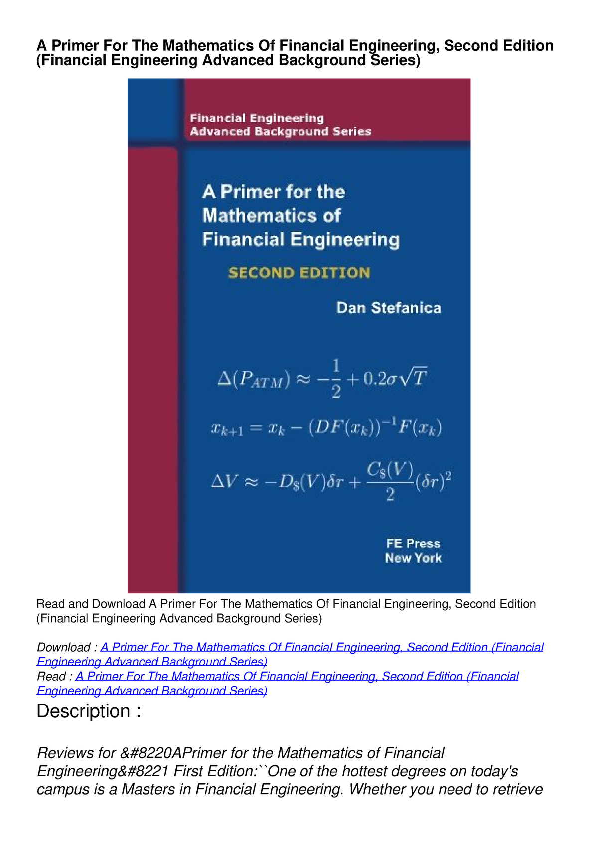 PDF_ A Primer For The Mathematics Of Financial Engineering, Second