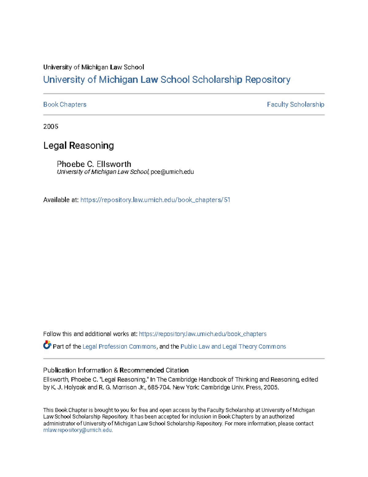 Legal Reasoning University of Michigan Law School University of