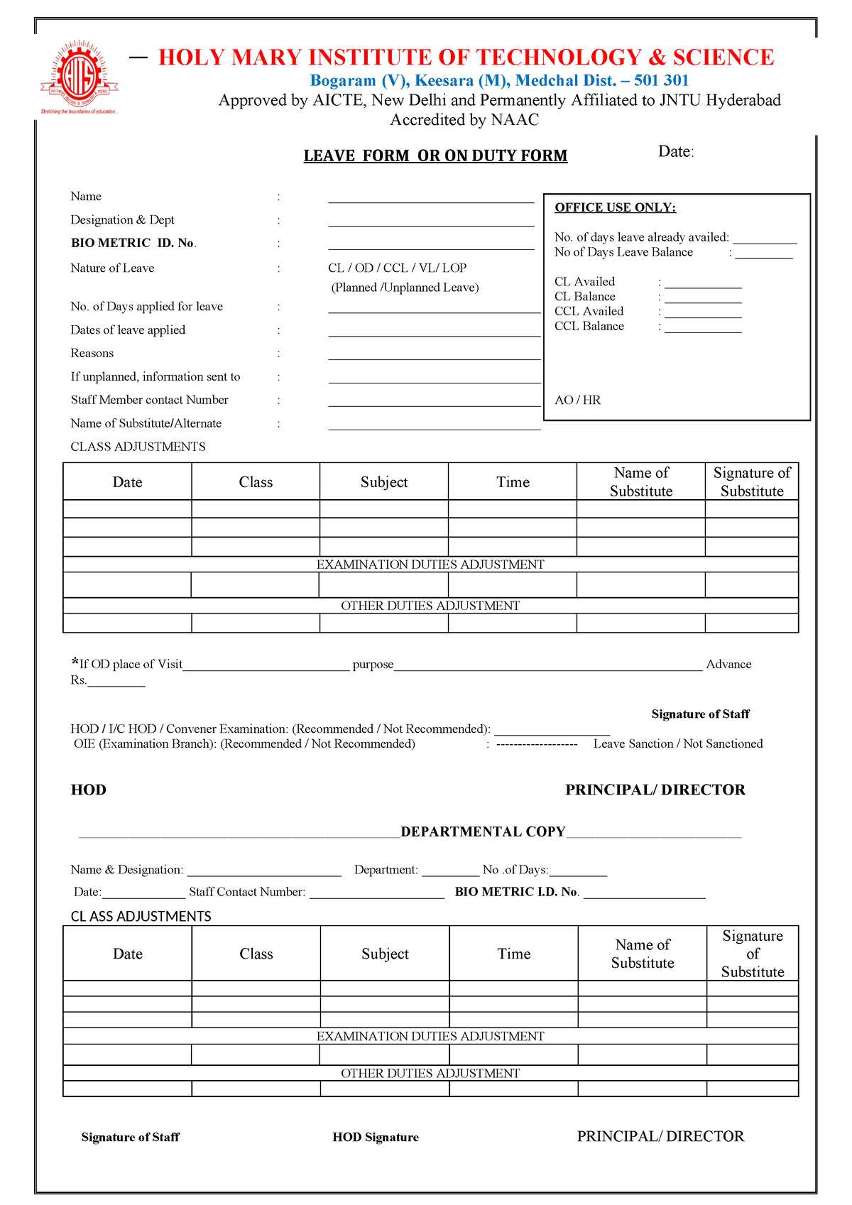 Leave FORM - LEAVE FORM OR ON DUTY FORM Name ...