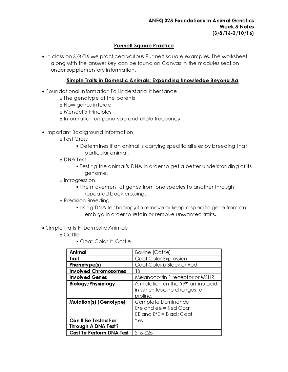 ANEQ 328 WEEK Eight Class Notes ANEQ 328 Foundations In Animal