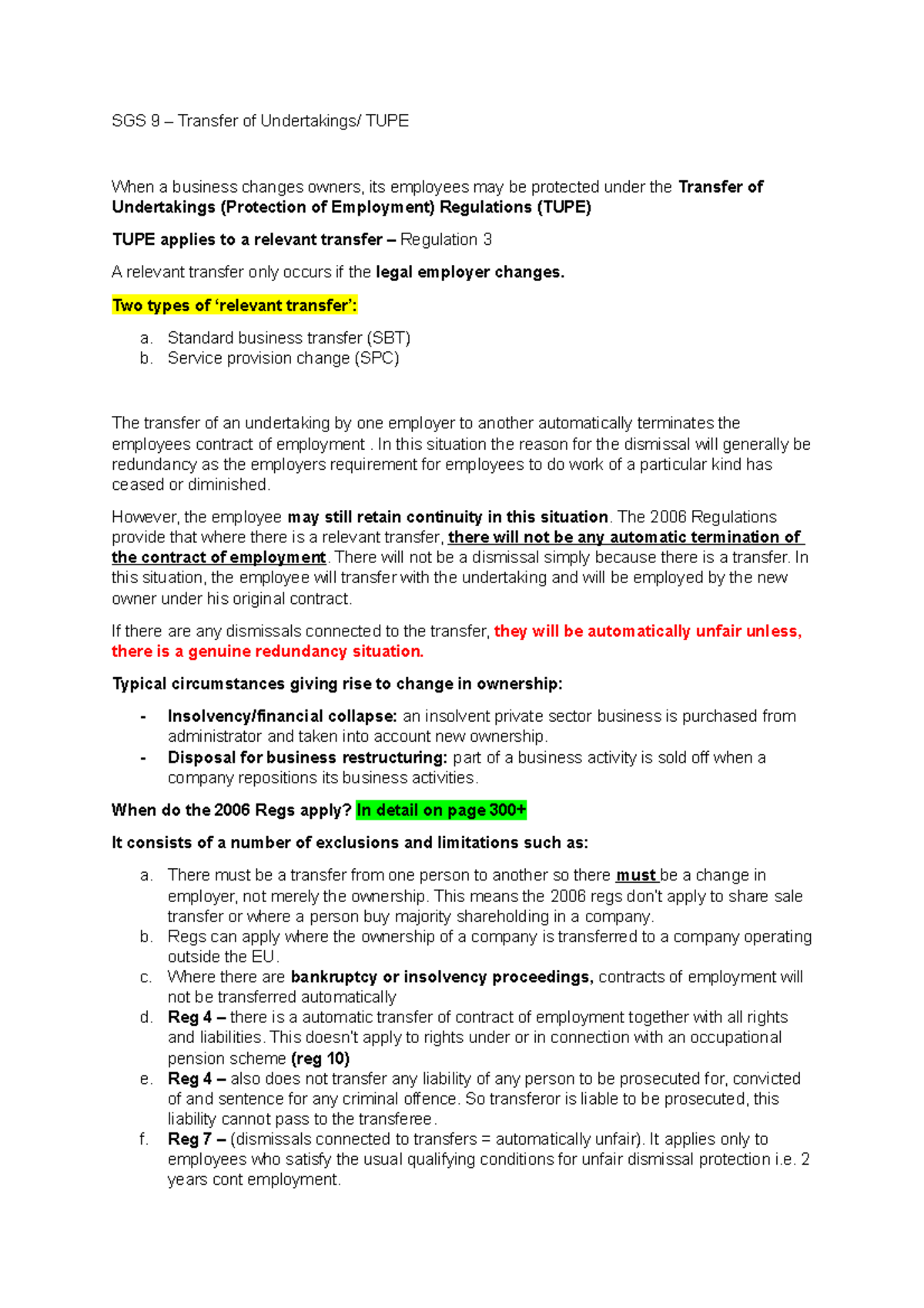 Sgs 9 - Transfers And Tupe - Sgs 9 – Transfer Of Undertakings  Tupe 