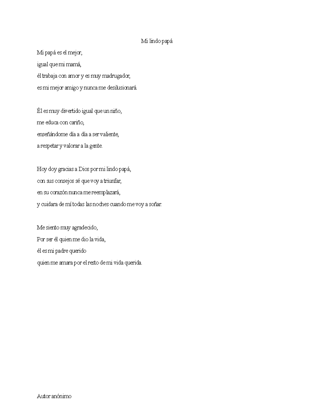 Mi lindo papá - Apuntes 1 poemas - Mi lindo papá Mi papá es el mejor, igual  que mi mamá, él trabaja - Studocu