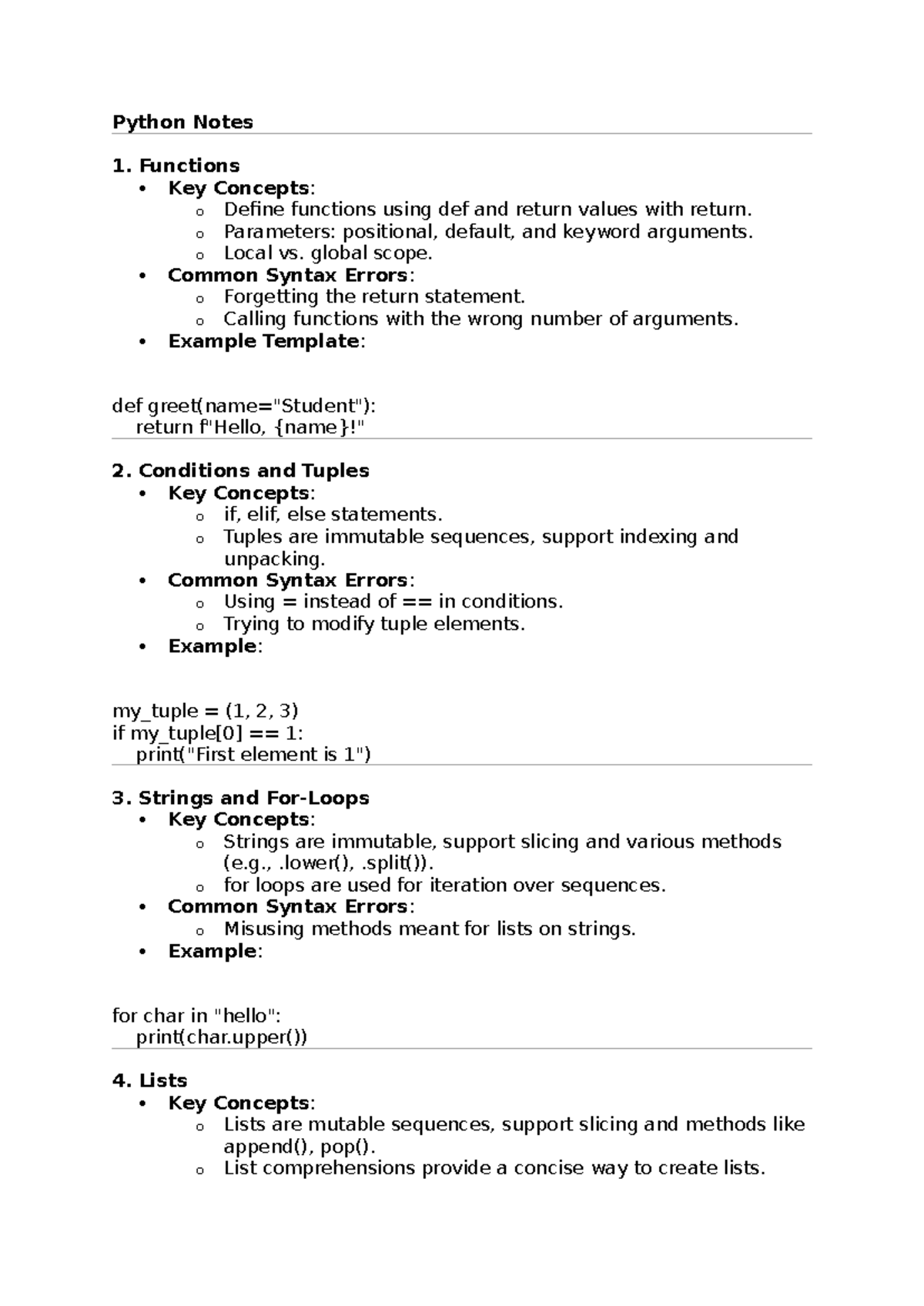 python summary notes - Python Notes 1. Functions Key Concepts: o Define ...