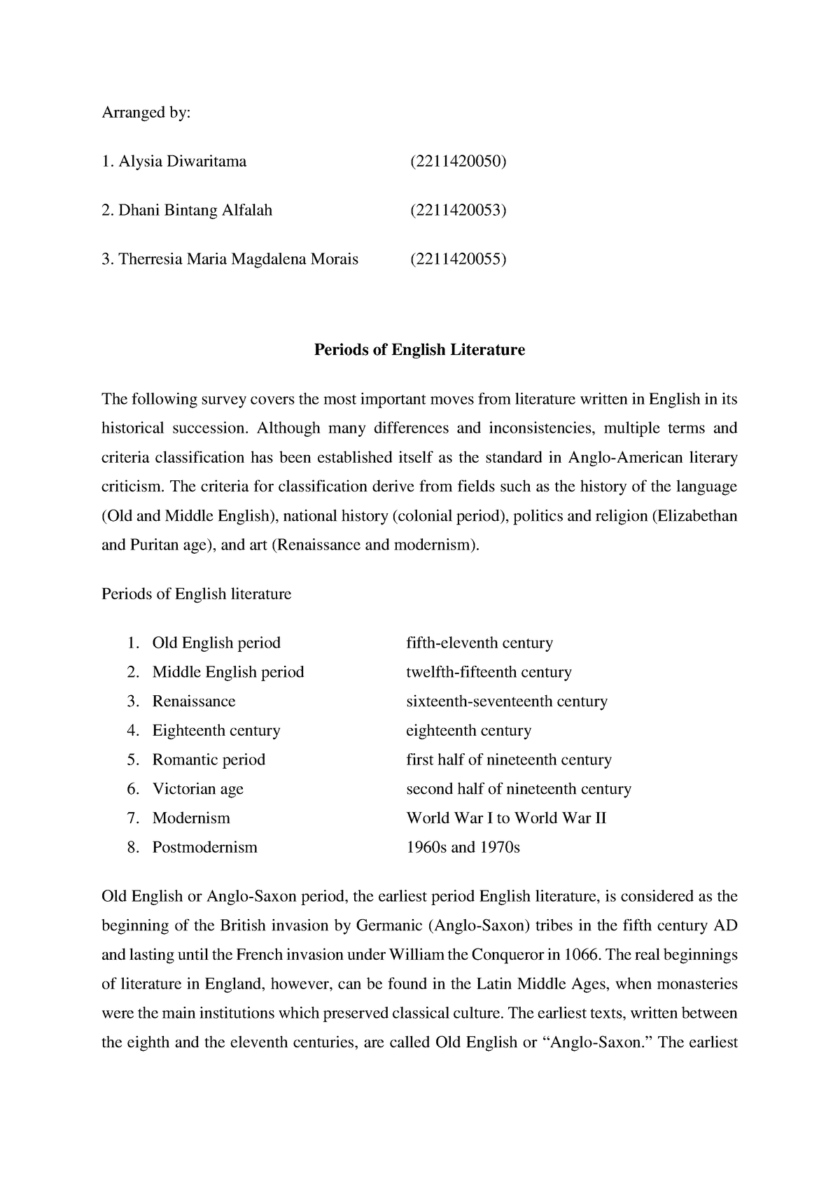 Group Assignment Introduction To Literary Studies History Of British 