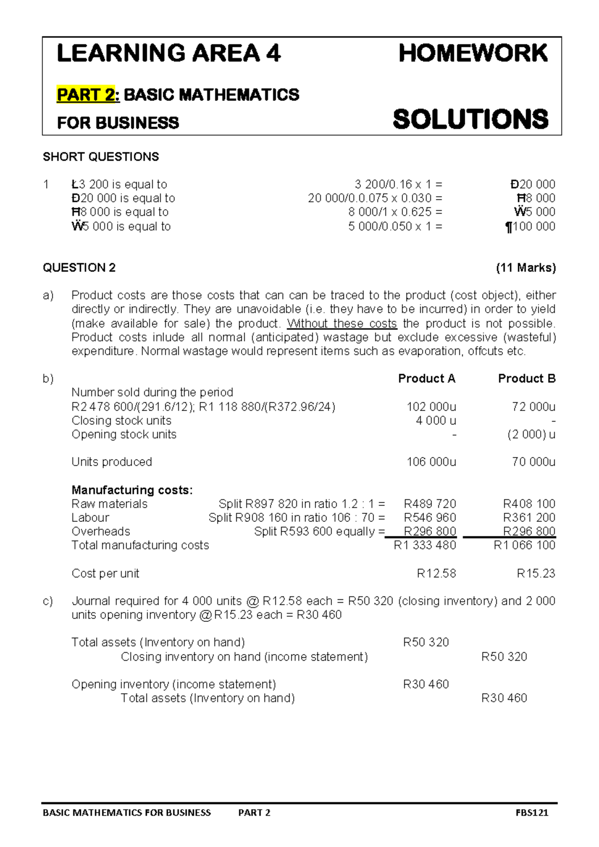 LA 4 Basic Mathematics for Business - Solutions PART 2 - BASIC ...