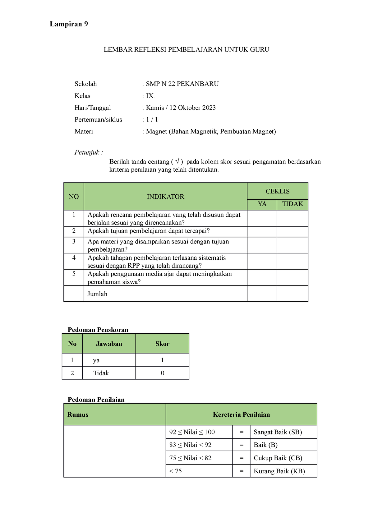 Lembar Refleksi Pembelajaran Untuk GURU DAN Siswa SESI 1 - LEMBAR ...