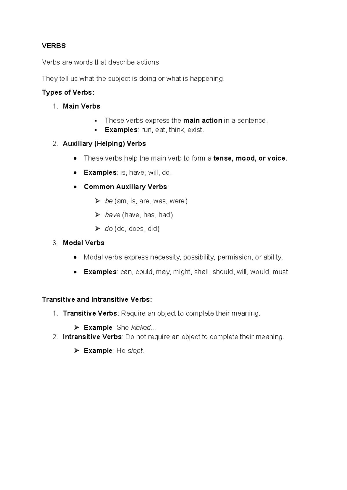 Verbs revision - VERBS Verbs are words that describe actions They tell ...