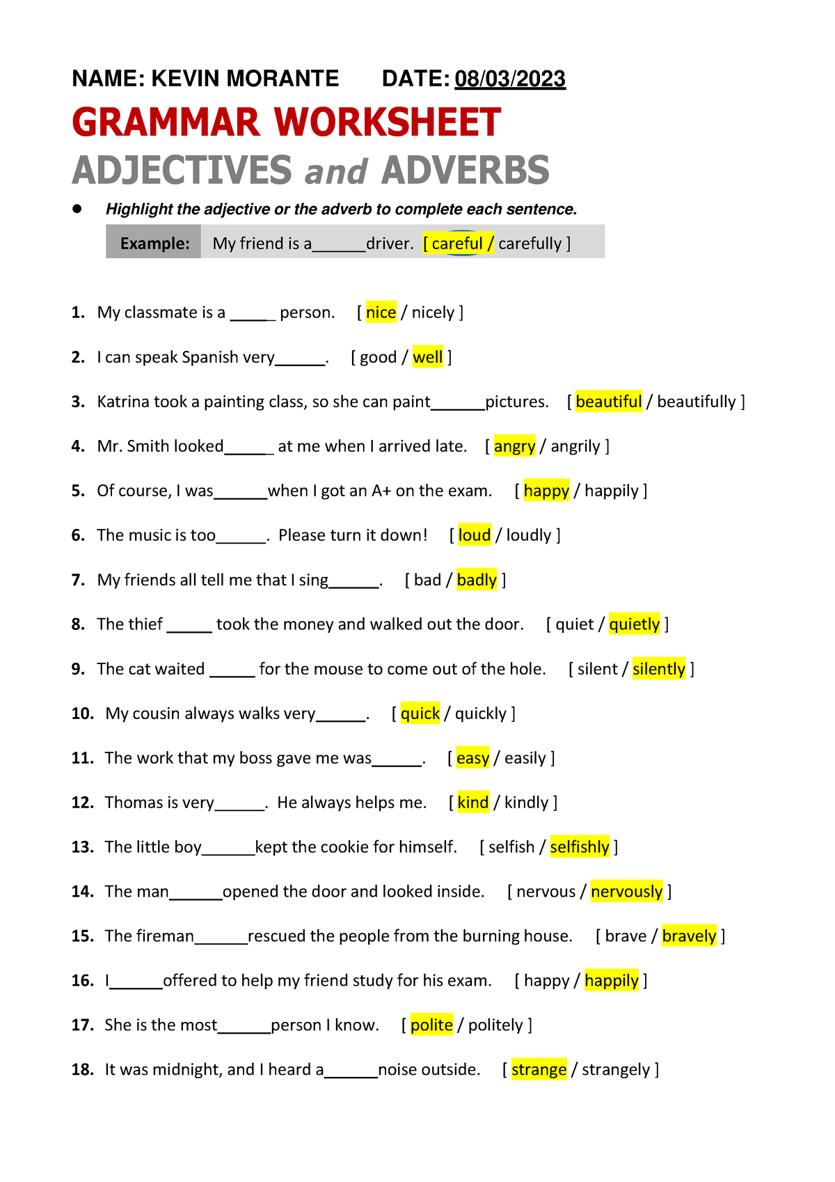 Adjectives And Adverbs Worksheet - NAME: KEVIN MORANTE DATE: 08/03 ...