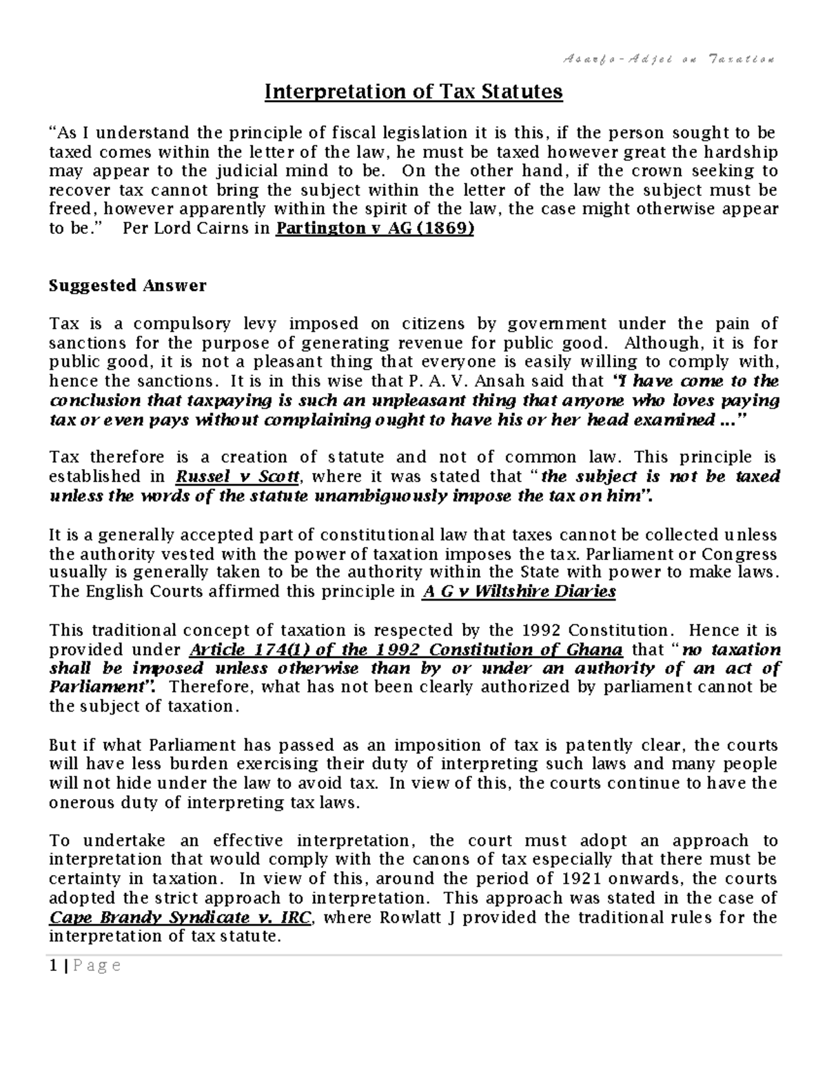 AsarfoAdjei on Taxation Interpretation of Tax Statutes “As I