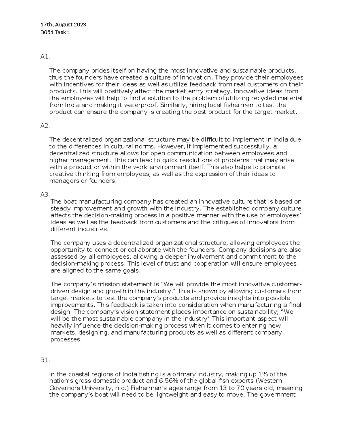 D081 Task 1 - Task 1 for innovative and strategic thinking. - 17th ...