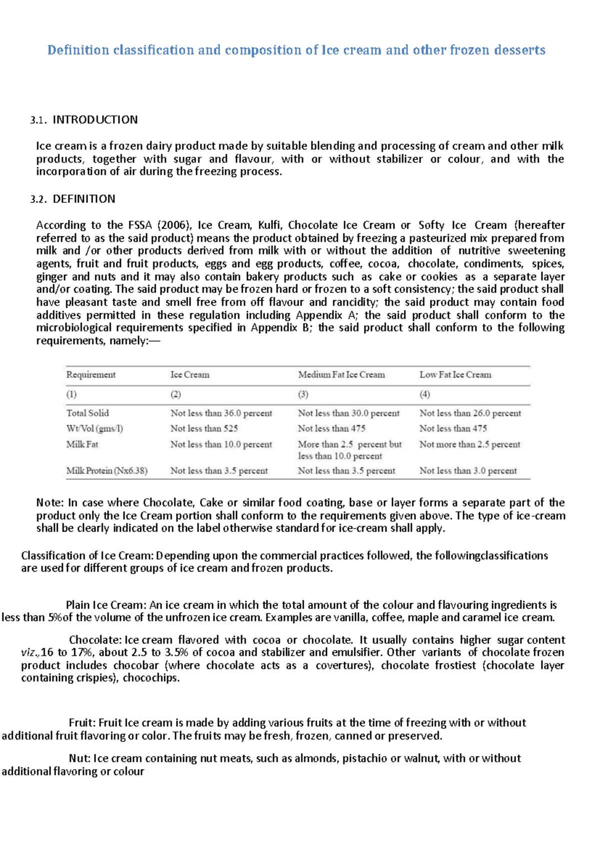 Definition classification and composition of Ice cream and other frozen