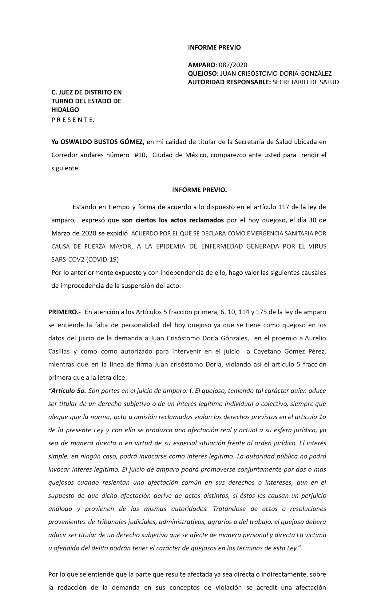 Inf-previo-Oswaldo Bustos Gómez - INFORME PREVIO AMPARO: 087/ QUEJOSO ...