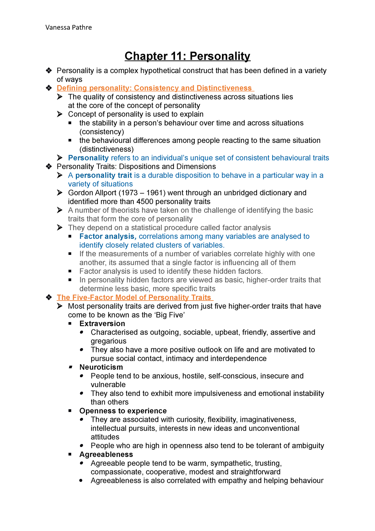 Chapter 11 Exam Notes - Chapter 11: Personality Personality Is A ...