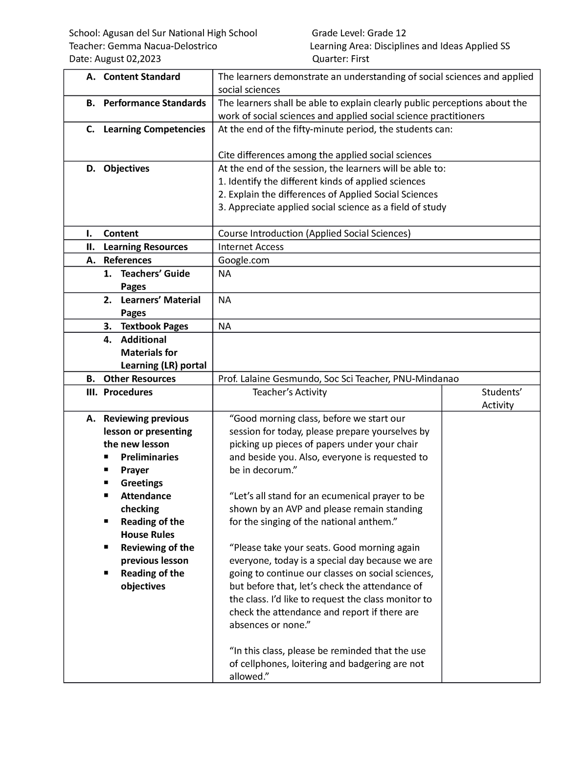 Detailed Lesson Plan in Diass-Delostrico - BS International Relations ...