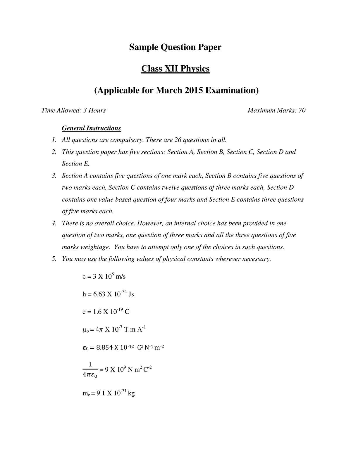 CBSE Sample Paper Class 12 Physics 2014 15 Sample Question Paper