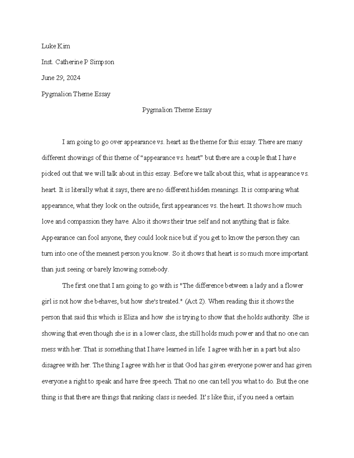 pygmalion theme essay