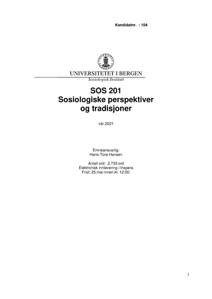 Obligatorisk Oppgave Sos201 - UNIVERSITETET I BERGEN Sosiologisk ...