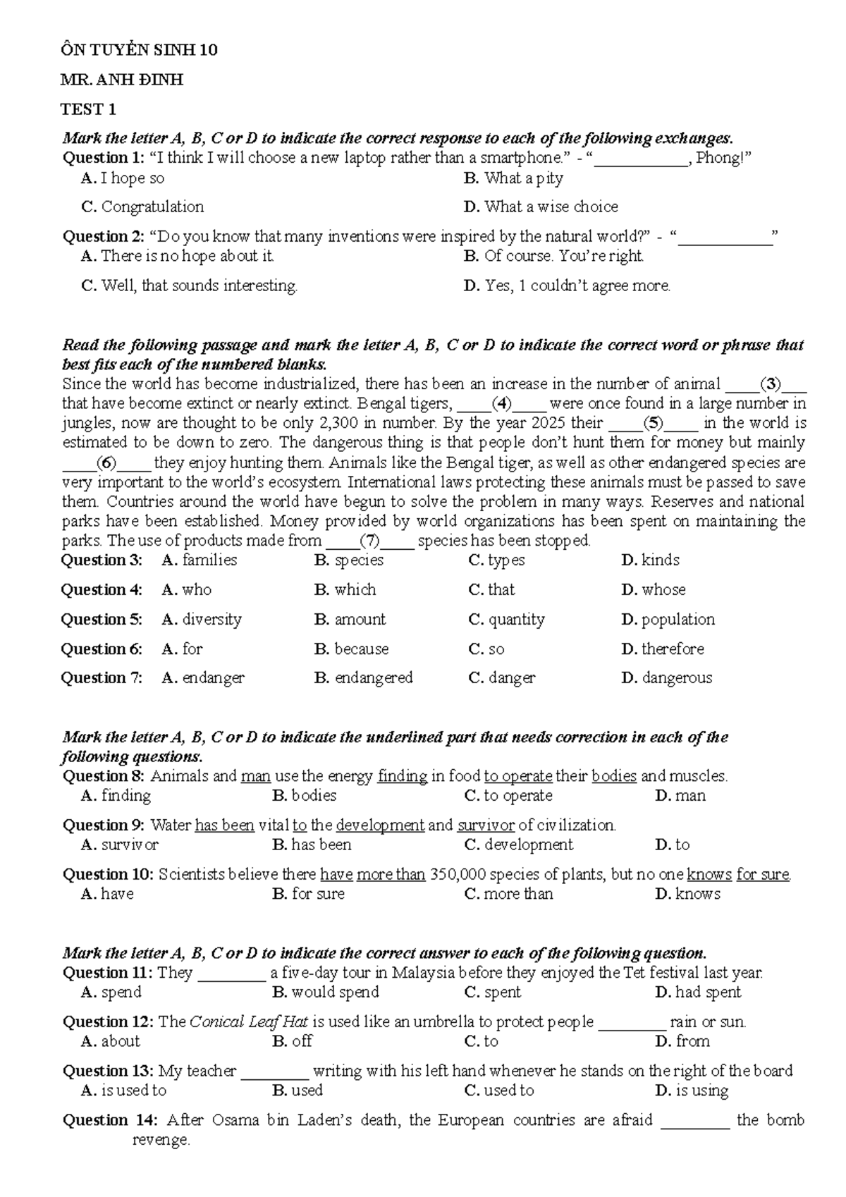 Ts 10 Test 1 - English - Ôn TuyỂn Sinh 10 Mr. Anh Đinh Test 1 Mark The 