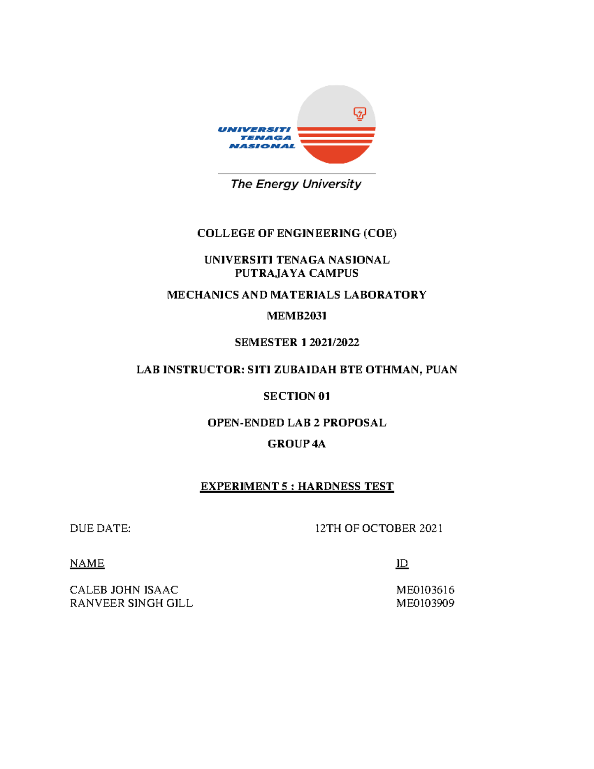 Open ended lab experiment 8 - Mechanical Engineering - UNITEN - Studocu