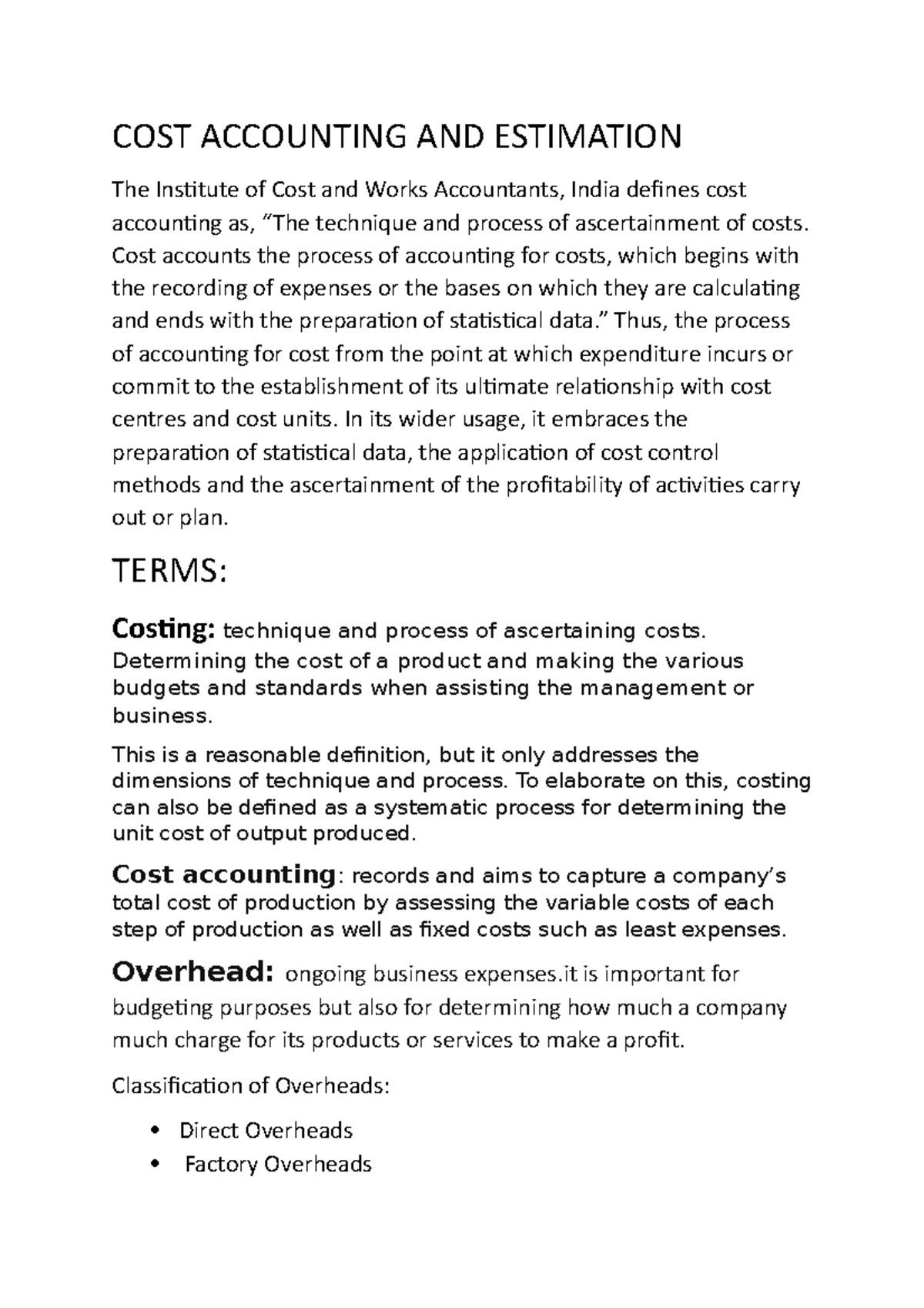 COST Accounting AND Estimation COST ACCOUNTING AND ESTIMATION The