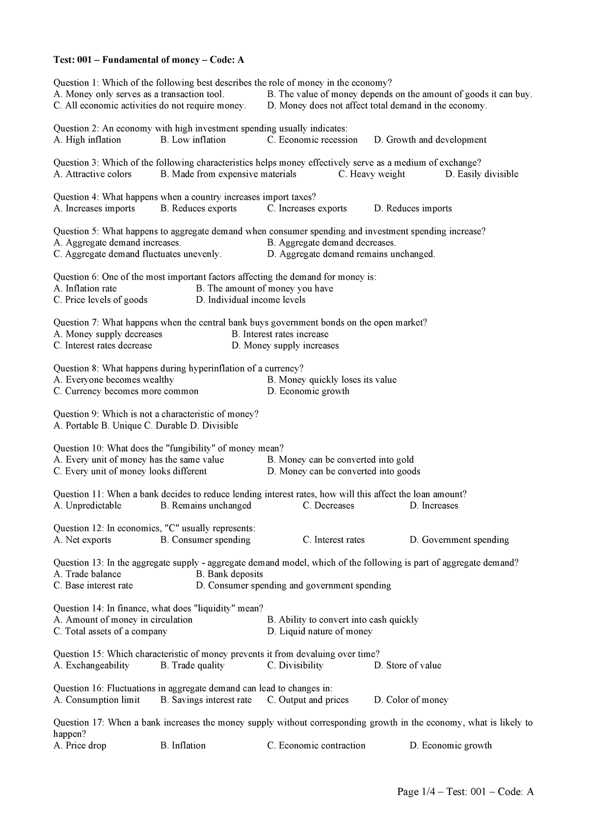 Test 001 - Fundamental of Money - Nltttc - Key A - Test: 001 ...