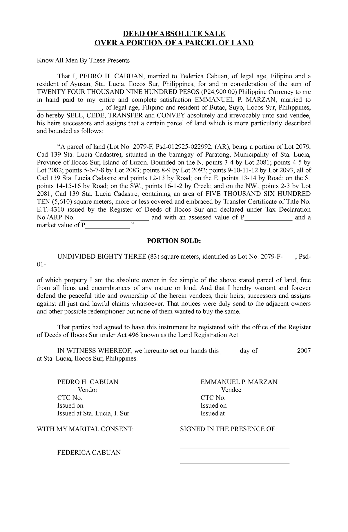 DEED OF ABS. SALE OVER A Portion OF A Parcel OF LAND - DEED OF ABSOLUTE ...