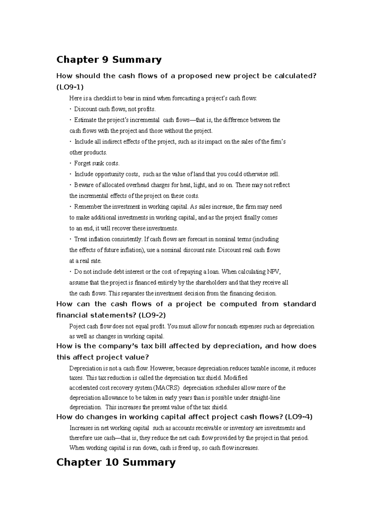 Chapter 9 Summary - Chapter 9 Summary How should the cash flows of a ...