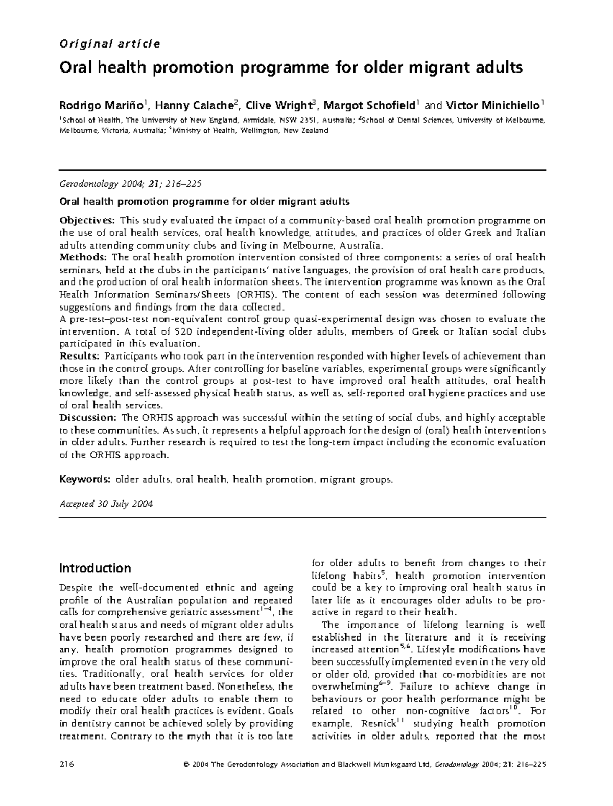 Oral health promotion programme for olde Methods The oral health