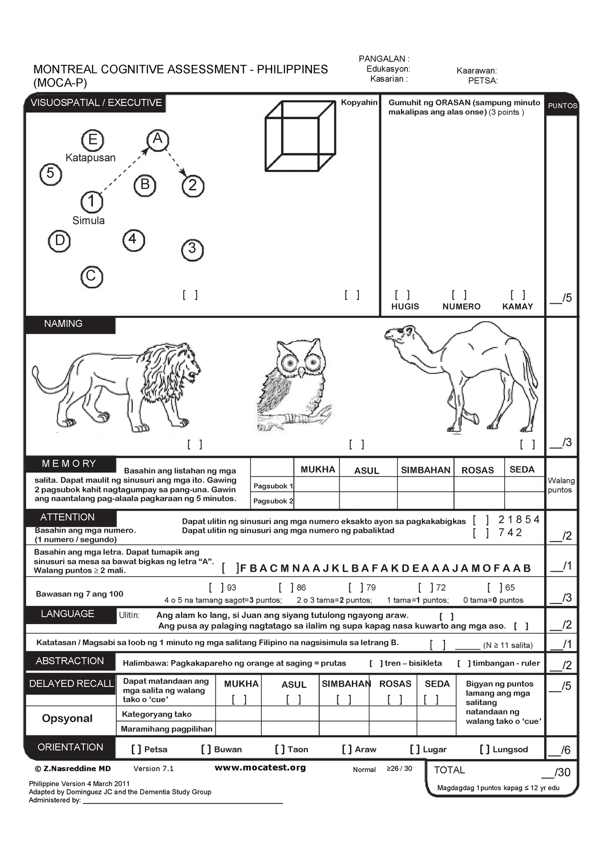 Mo CA Test Filipino - MONTREAL COGNITIVE ASSESSMENT - PHILIPPINES (MOCA ...