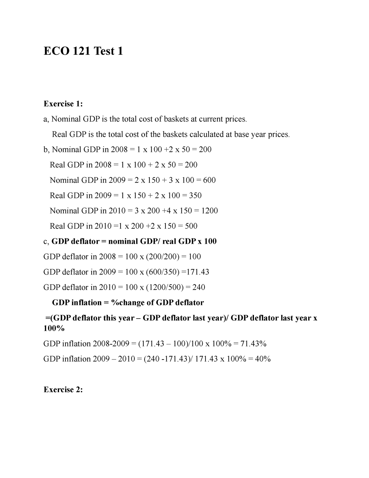 ECO 121 Test 1 - TEST - ECO 121 Test 1 Exercise 1: A, Nominal GDP Is ...