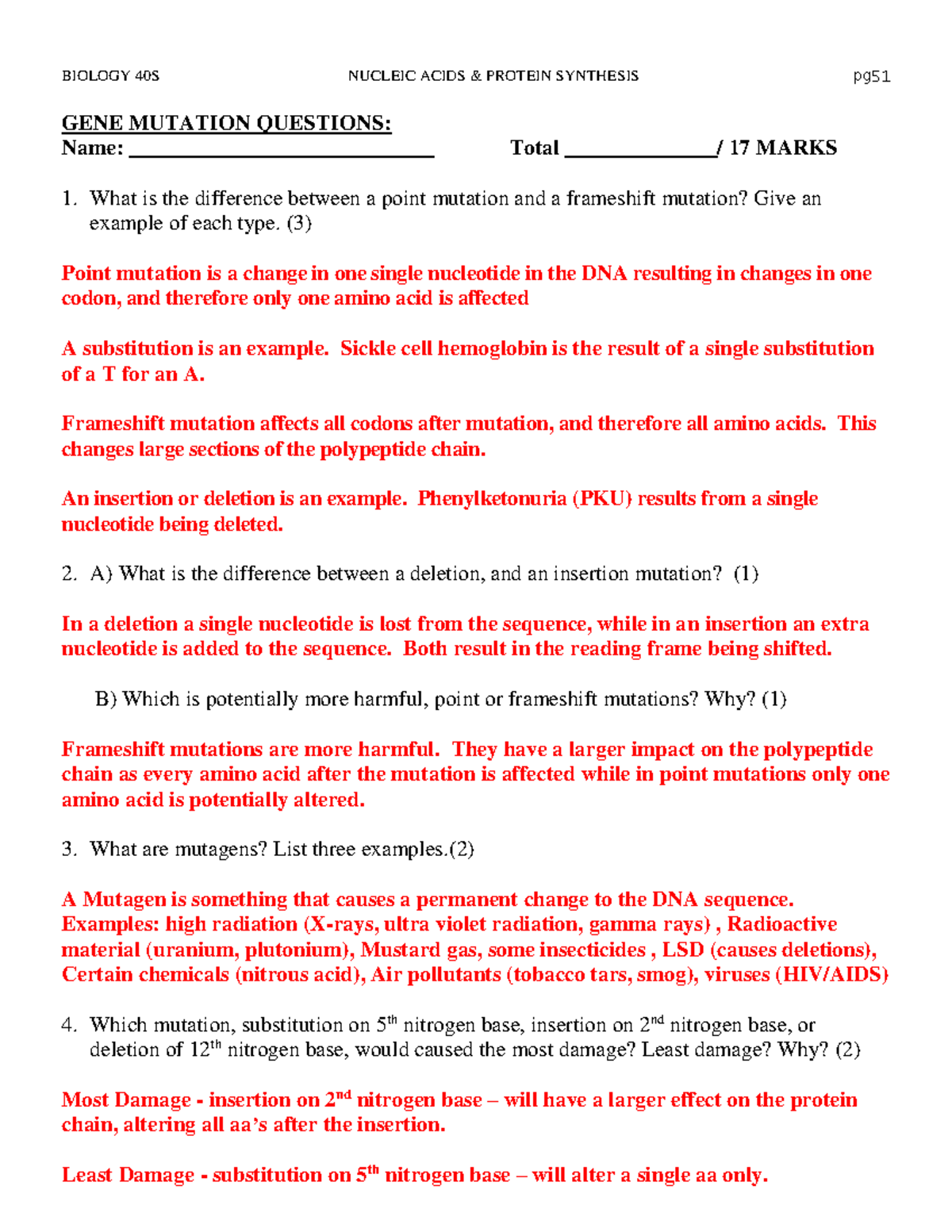 Gene Practice material for Biology BIOLOGY 40S NUCLEIC ACIDS