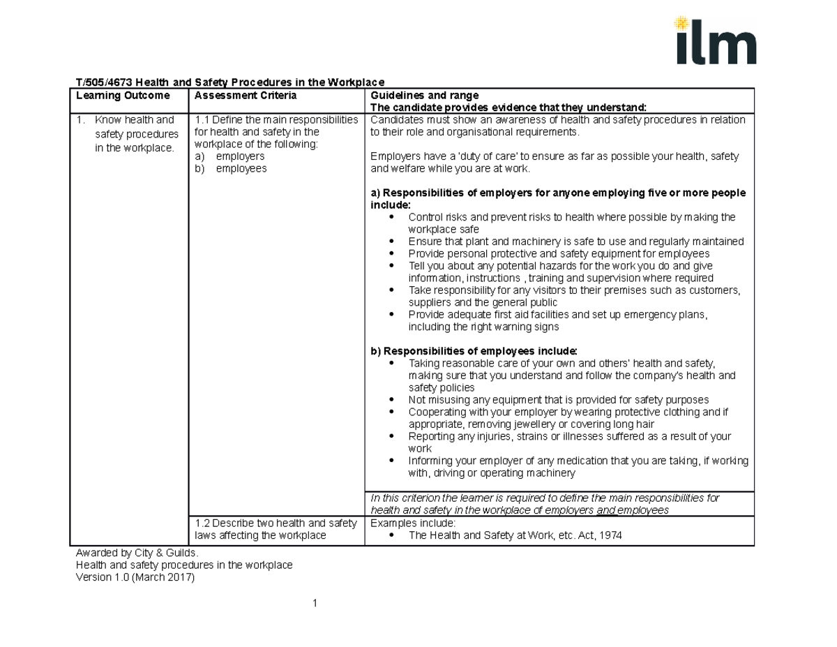 Health and safety procedures in the workplace ILM Assessment Guidance ...