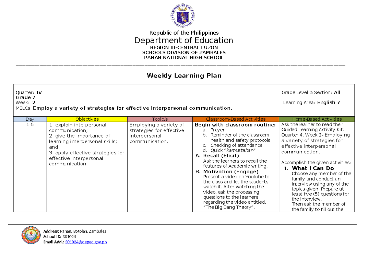 WLP 4TH English-WK-2 - Wlp eng7 q4 - Republic of the Philippines ...
