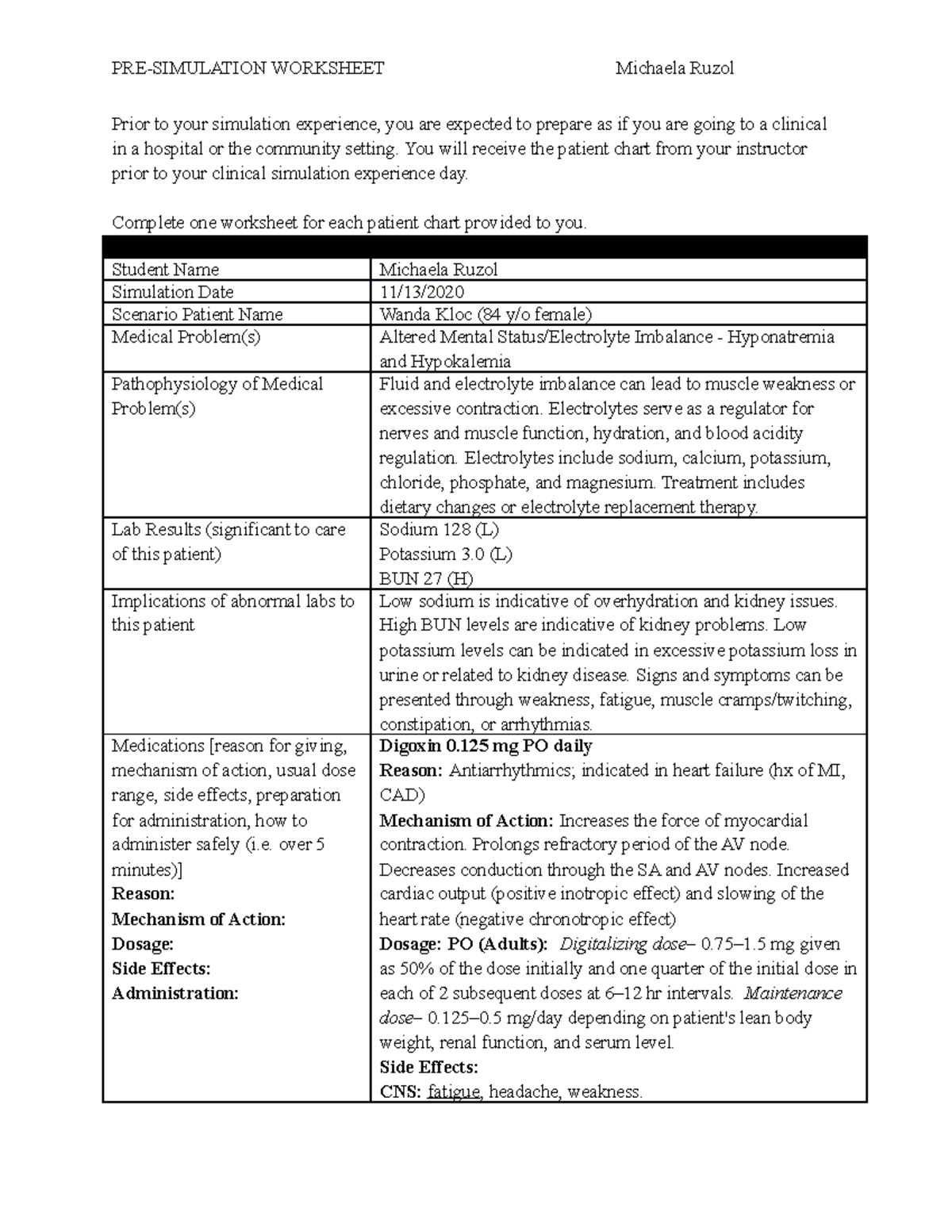 384 W.K. Ruzol, M. - Hello - PRE-SIMULATION WORKSHEET Michaela Ruzol ...