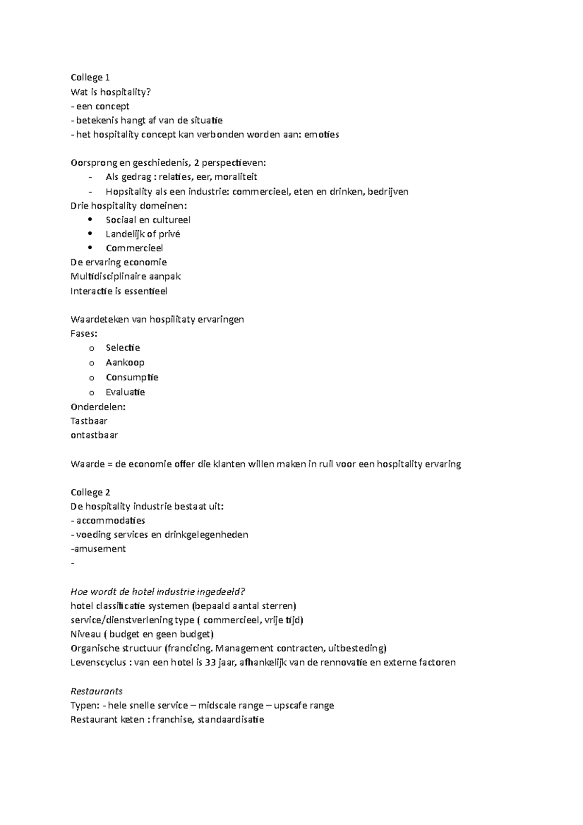 Hospitality Management College 1 Wat Is Hospitality Een Concept