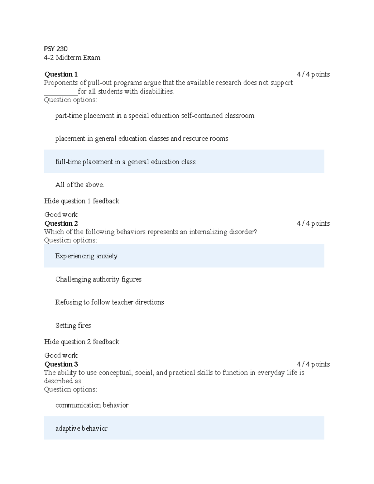 PSY 230 midterm - PSY 230 4-2 Midterm Exam Question 1 4 / 4 points ...