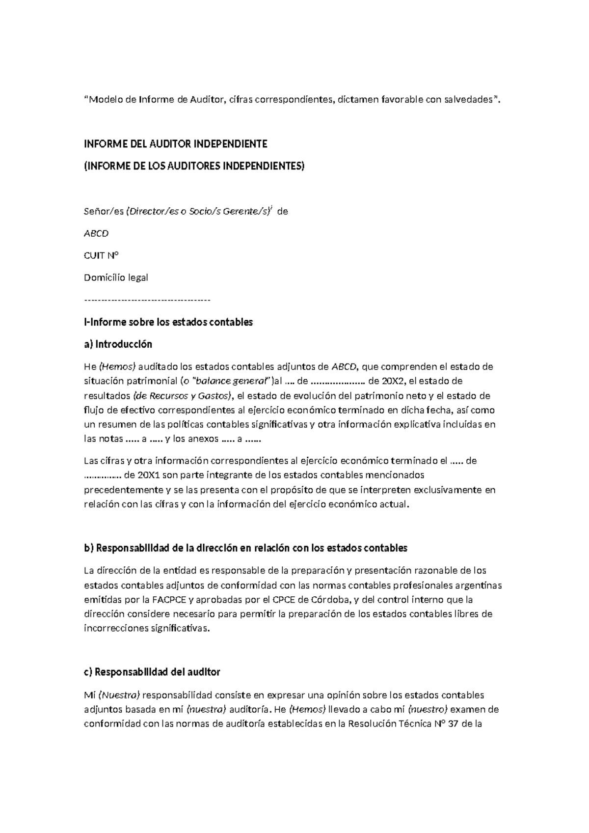 Modelo Informe auditor con Salvedades - “Modelo de Informe de Auditor ...