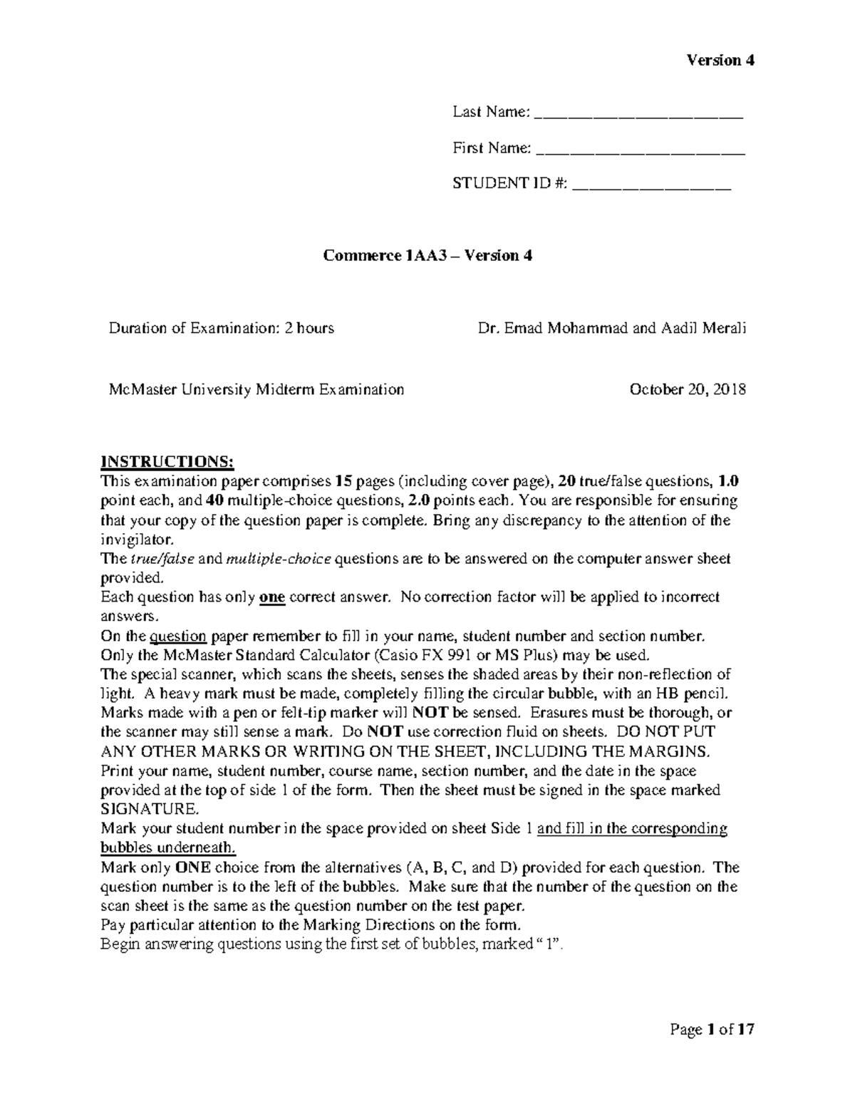 Midterm 4 2018, Questions And Answers - Version 4 Last Name: First Name ...