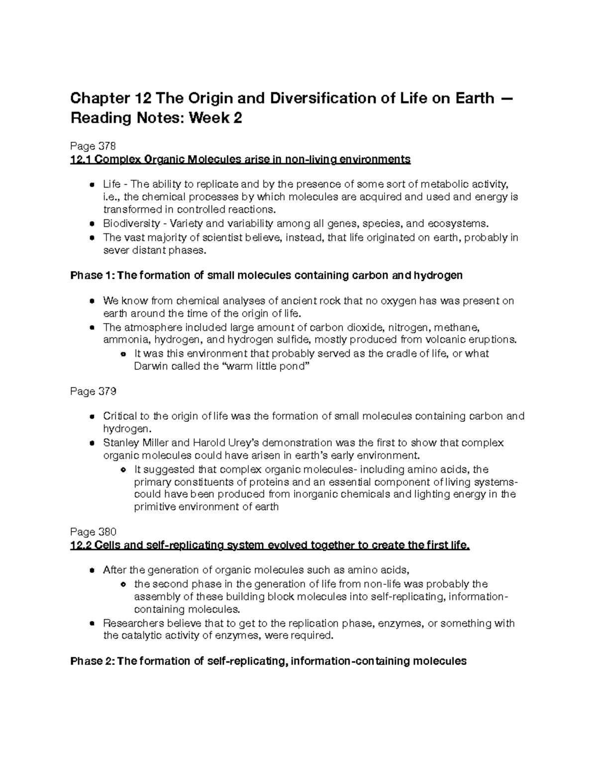 Life Sci 15 - Ch. 12 The Origin and Diversification of Life... - Reading Notes - Chapter 12 The ...