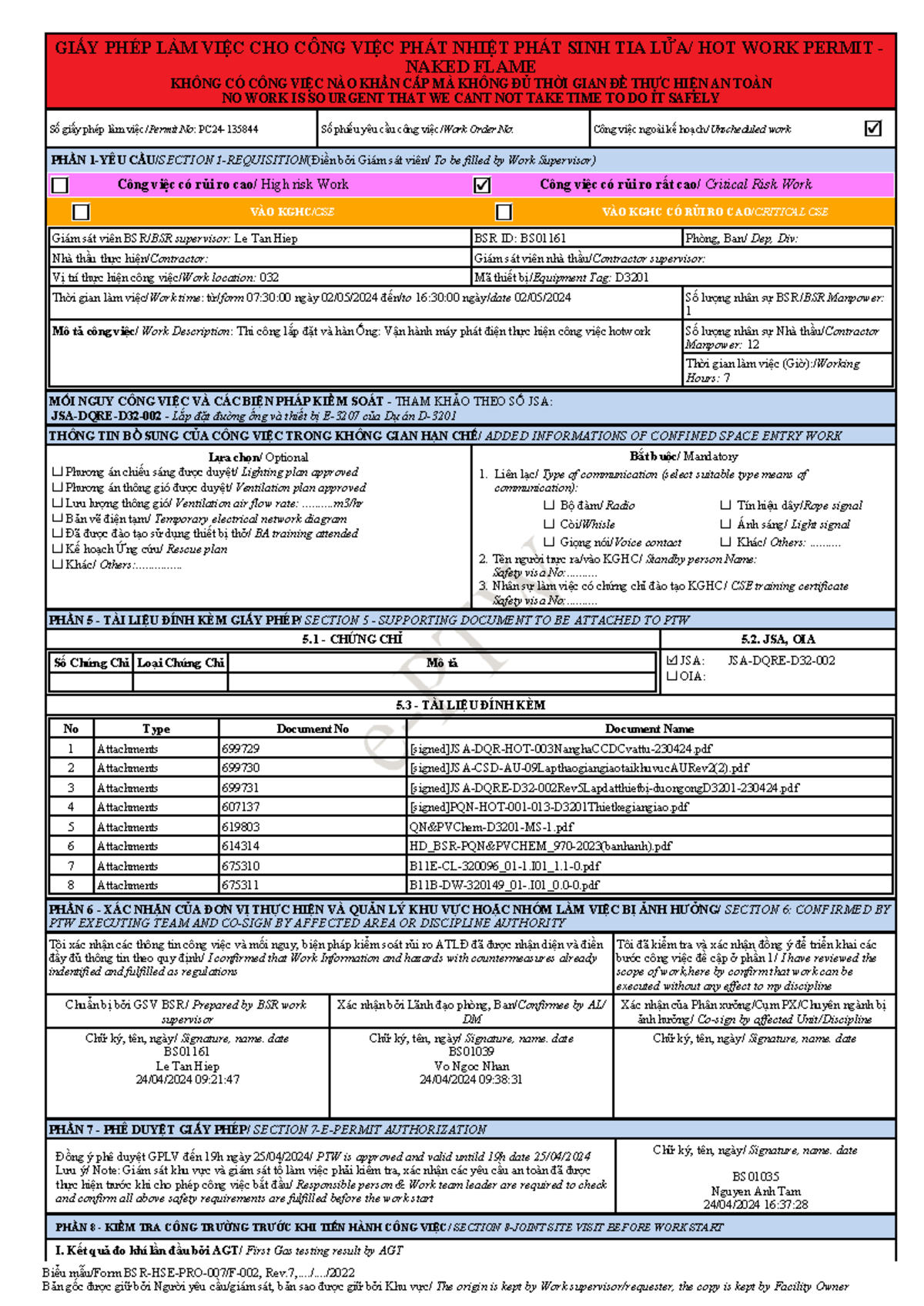 PTW A4 rev7 - Biểu mẫu/Form BSR-HSE-PRO-007/F-002, Rev,..../..../ Bản ...