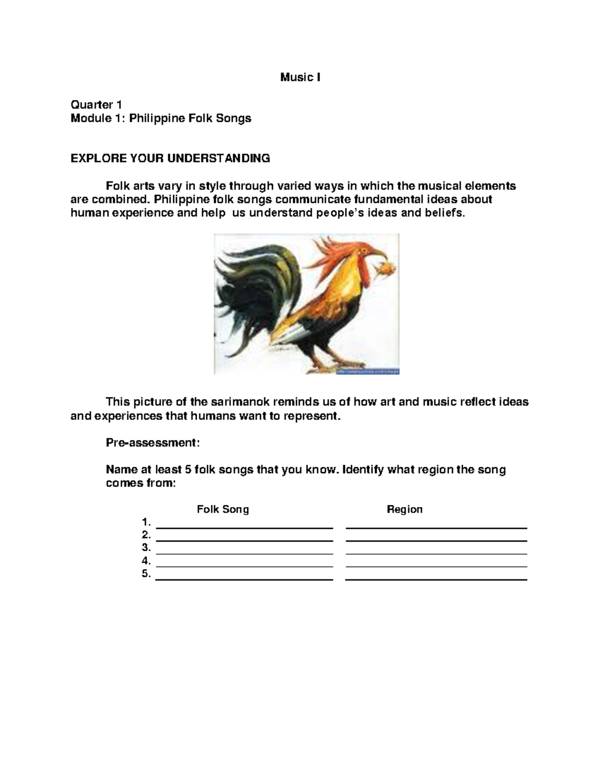 Music Module Q1 Philippine FOLK - Music I Quarter 1 Module 1 ...