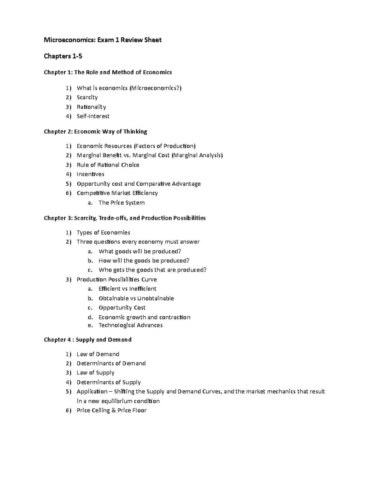 Micro - Exam 1 Review Sheet - Microeconomics: Exam 1 Review Sheet ...