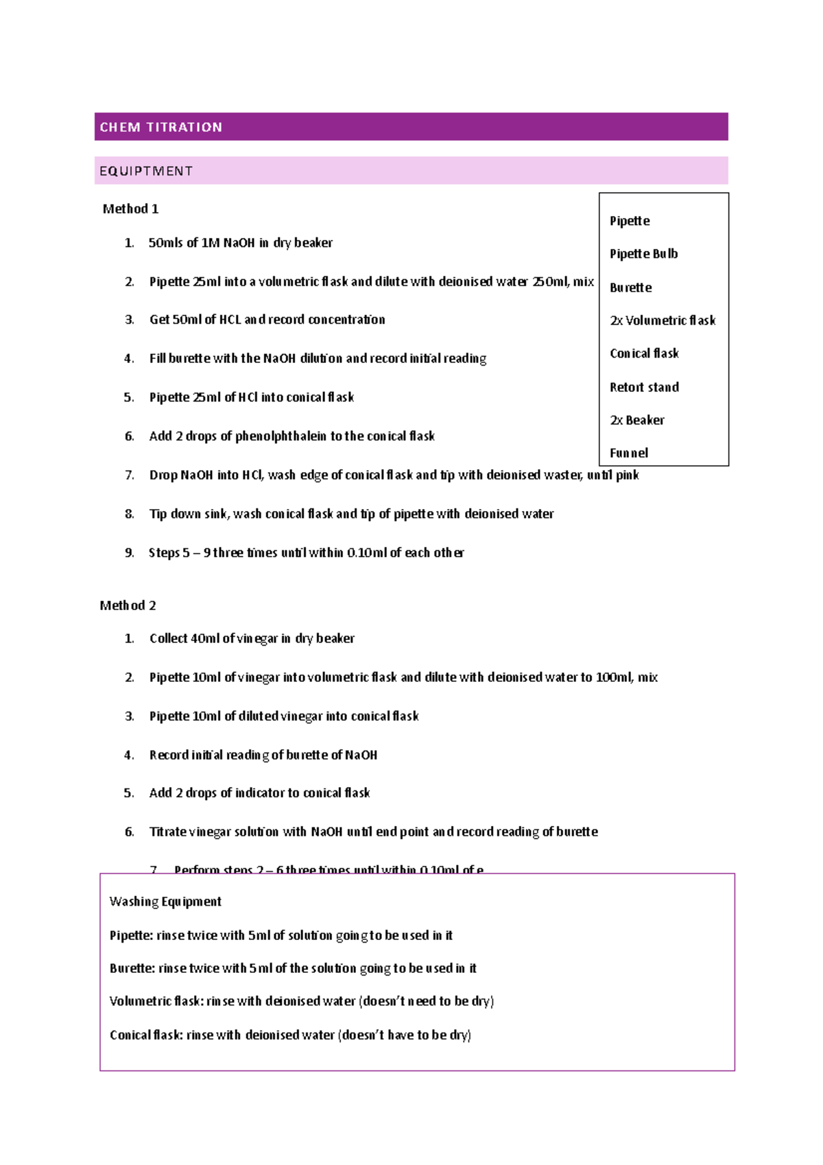Chem titration CHEM TITRATION EQUIPTMENT Method 1 1. 50mls of 1M NaOH